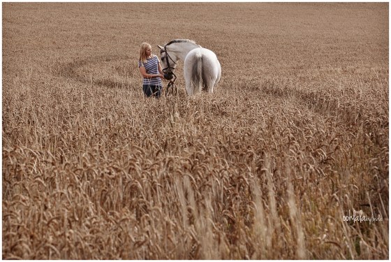 portrait of girl with a horse in a corn field