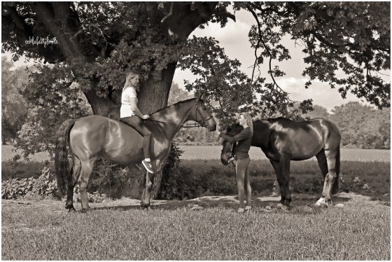 black and white portrait of girls with horses