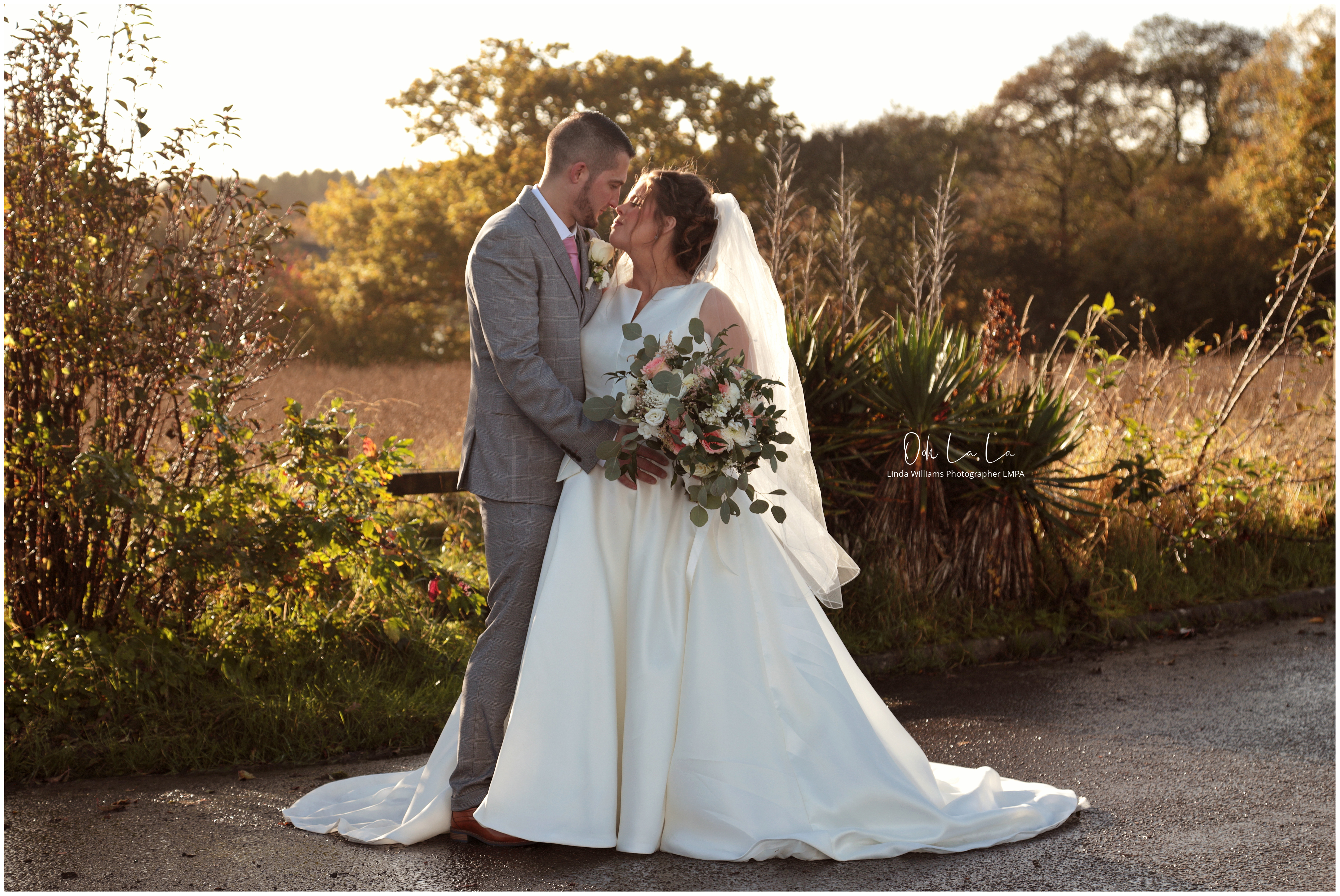 bride and groom autumnal shot