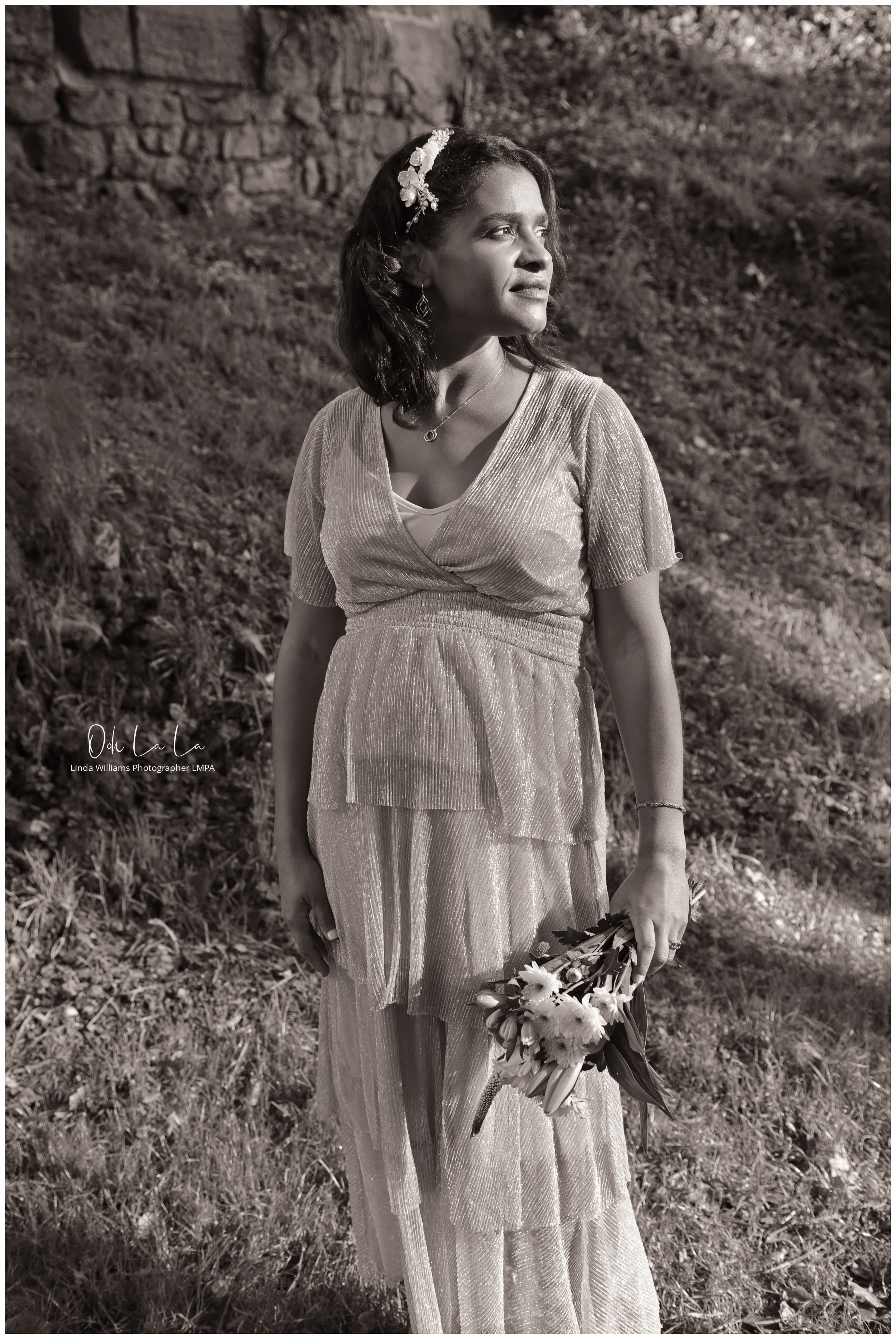 black and white shot of bride at Caldicot Castle