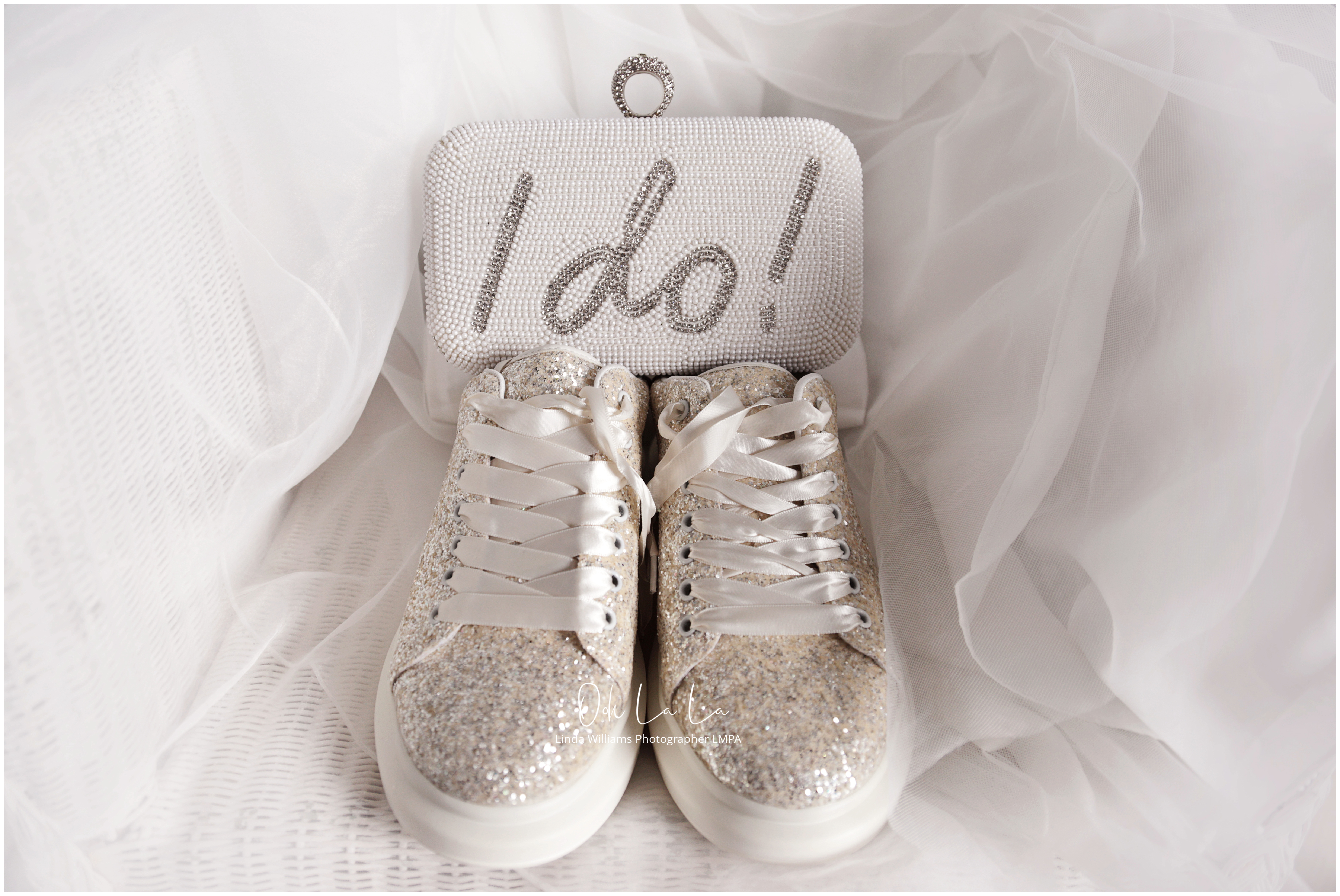 brides wedding trainers and bag saying "I do"